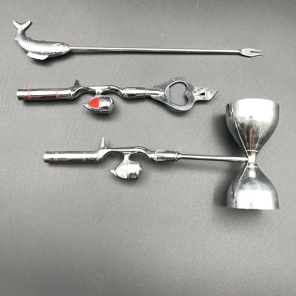 Fishing Theme Bar Tool Set Jigger Bottle Opener Fish Cocktail Pick Stainless